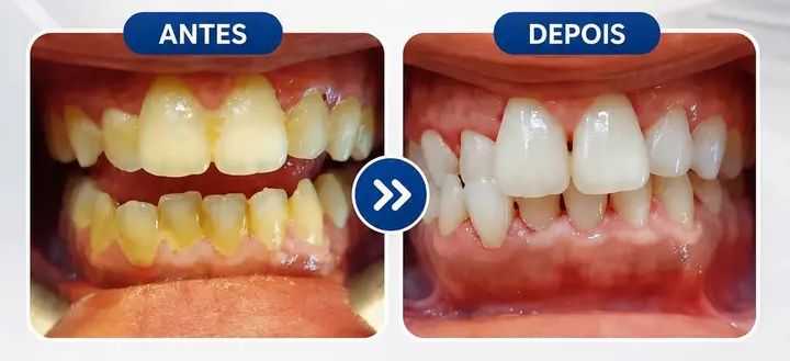 Antes e depois de limpeza dentária