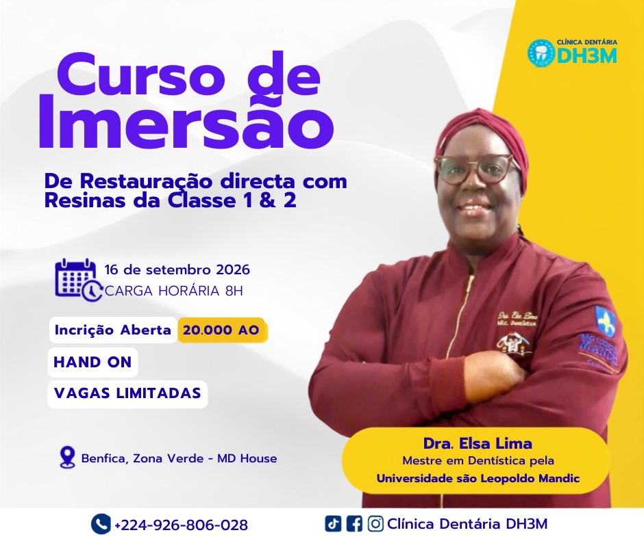 Flyer do Curso de Imersão em Restauração Directa com Resinas da Classe 1 e 2, com a Dra. Elsa Lima, 16 de setembro de 2026