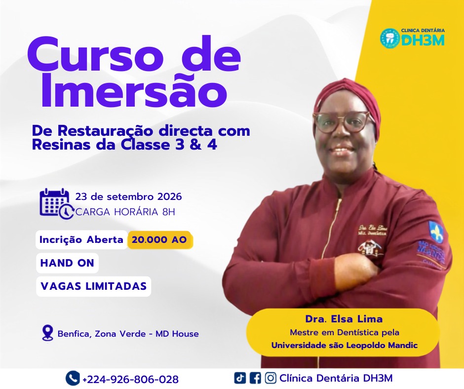Flyer do Curso de Imersão em Restauração Directa com Resinas da Classe 3 e 4, com a Dra. Elsa Lima, 23 de setembro de 2026
